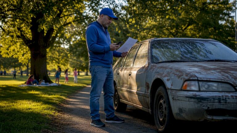 Man reviewing cash offers for junk car outdoors