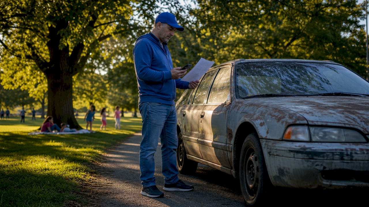 Man reviewing cash offers for junk car outdoors