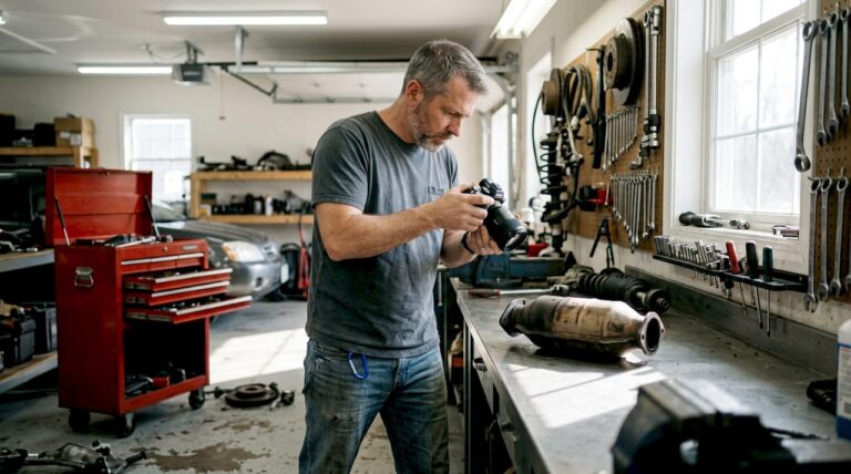 Man photographing car parts in driveway