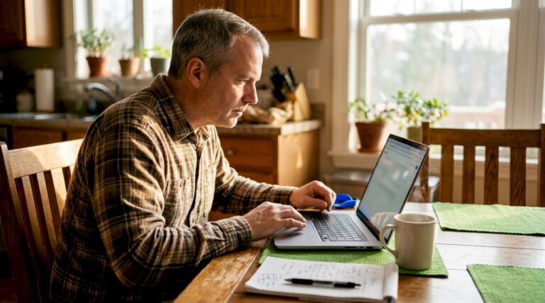 Man comparing online car selling services at home