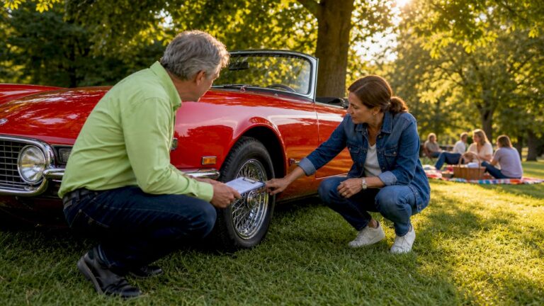 Man discussing classic car sale with potential buyer