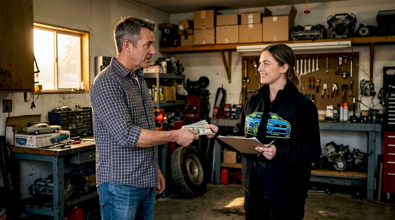 Seller receiving cash for junk car in driveway