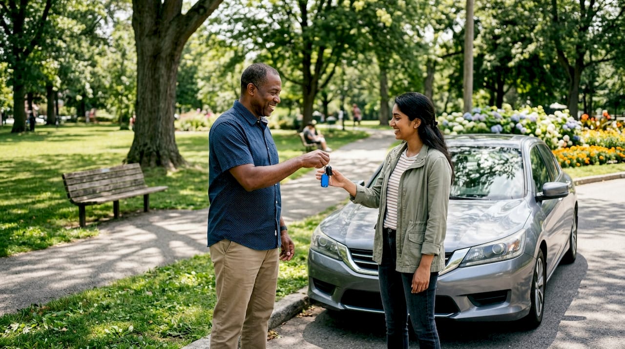 Man handing car keys to woman outdoors