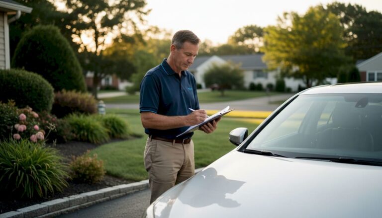 Man preparing car documents beside sedan outdoors