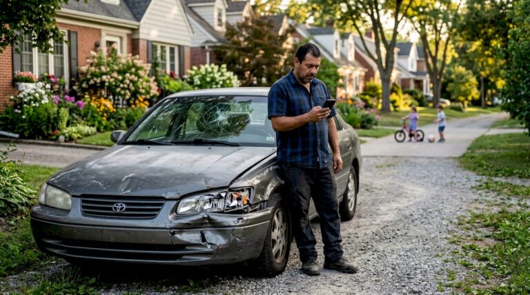 Man reviewing damaged car offers outdoors