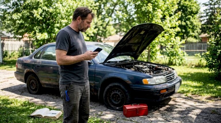 Man selling non-running car outside home