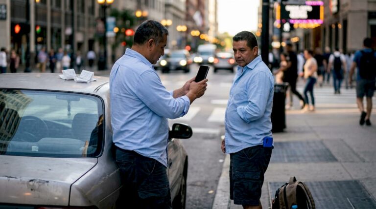 Man showing car for cash offer outside home