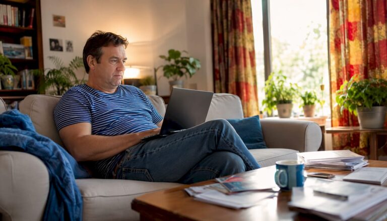 Man researching car selling options on laptop at kitchen table