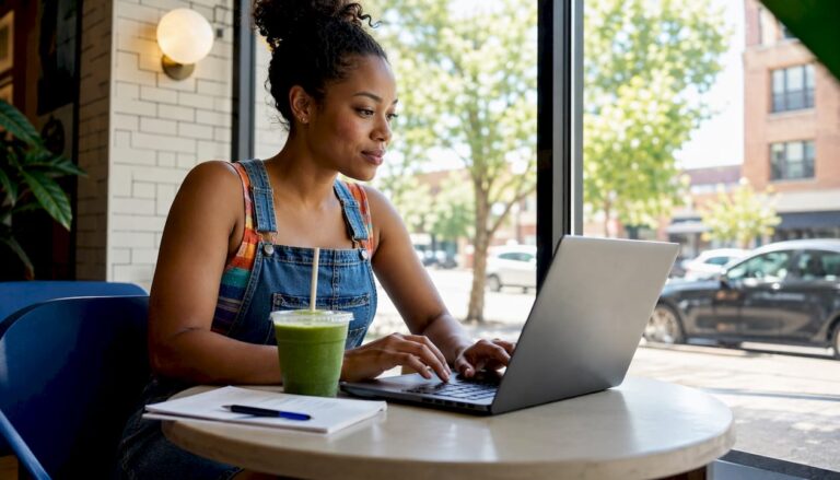 Woman browsing car sale websites at home
