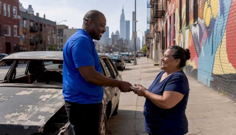 Man paying cash for junk car in NYC street