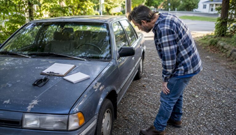 Man inspecting old car for sale in driveway