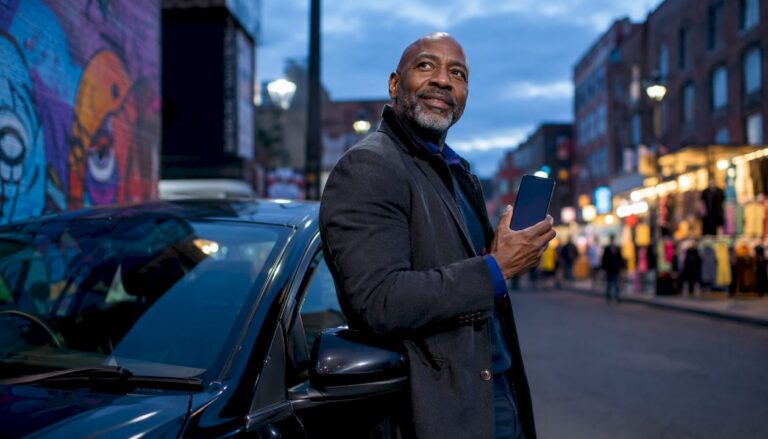 Man using smartphone to sell car outdoors