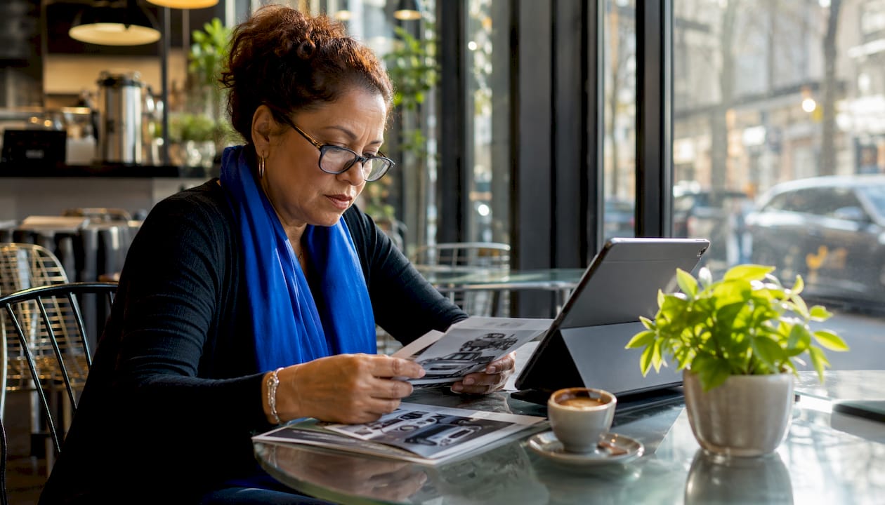 Woman reviewing used car buying options