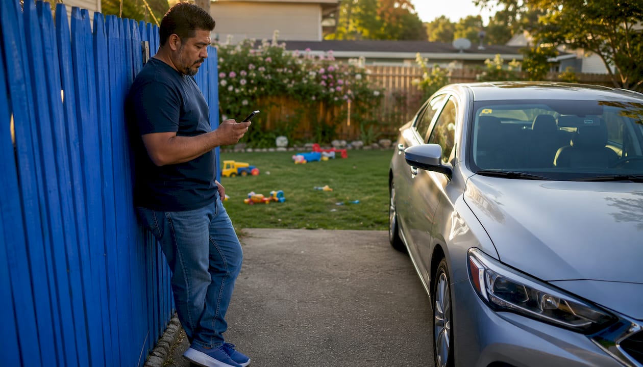 Hispanic man checking instant cash car offer on phone