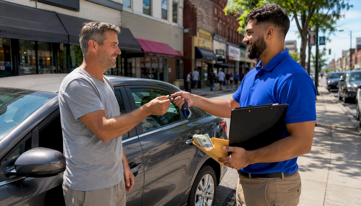 Car seller handing keys and receiving cash outdoors