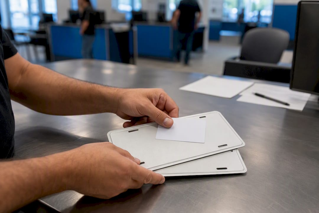 Hands handing license plates at MVC counter