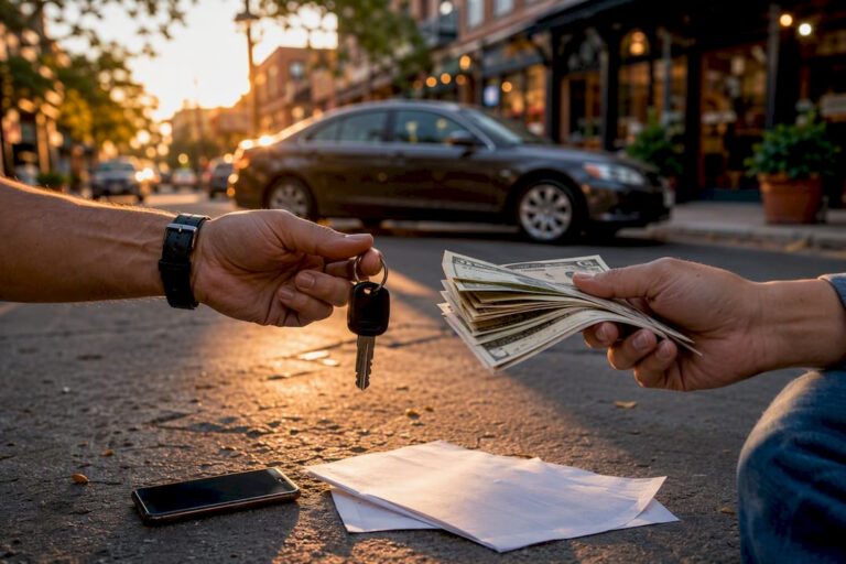 Hands exchanging car keys and cash outdoors