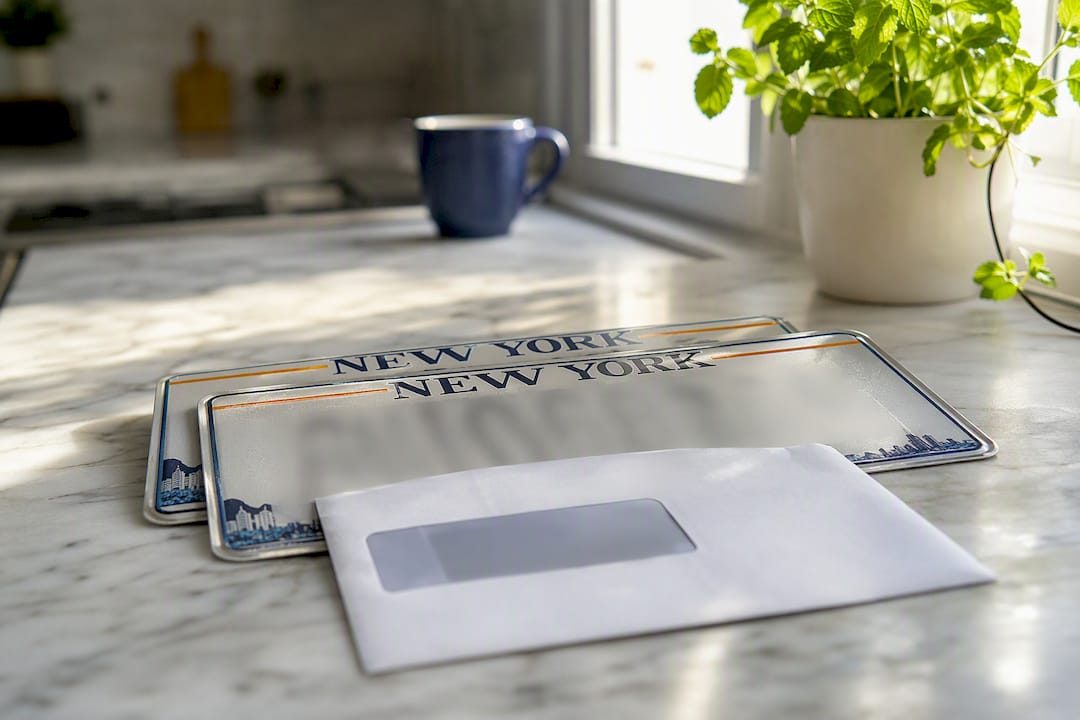 New York license plates with mail envelope on table