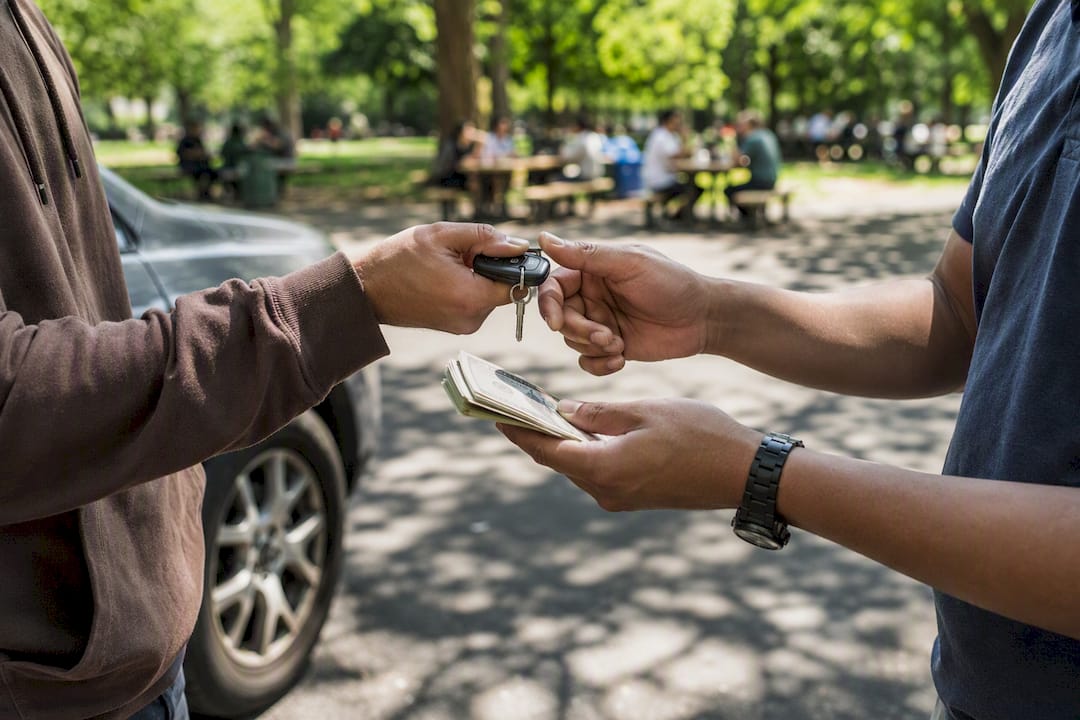 Hands exchanging keys and cash outdoors