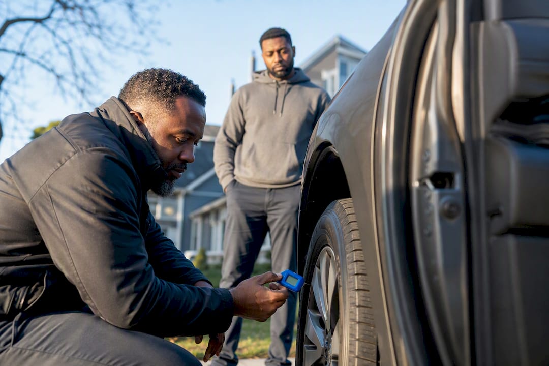 Inspector checking vehicle tire during on-site offer