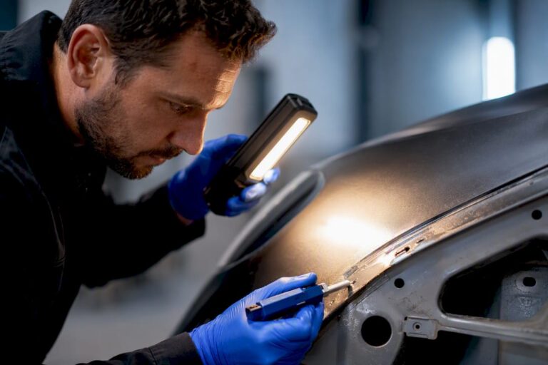 Appraiser examining a repaired vehicle panel