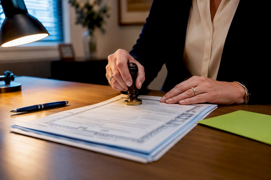 Hands notarizing vehicle title transfer documents