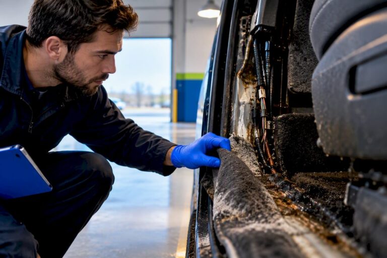 Technician inspecting flood-damaged vehicle interior