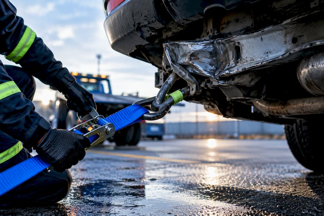Tow operator securing a frame-damaged vehicle