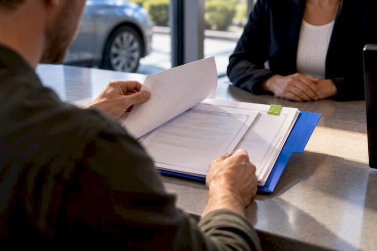 Hands reviewing vehicle lien paperwork