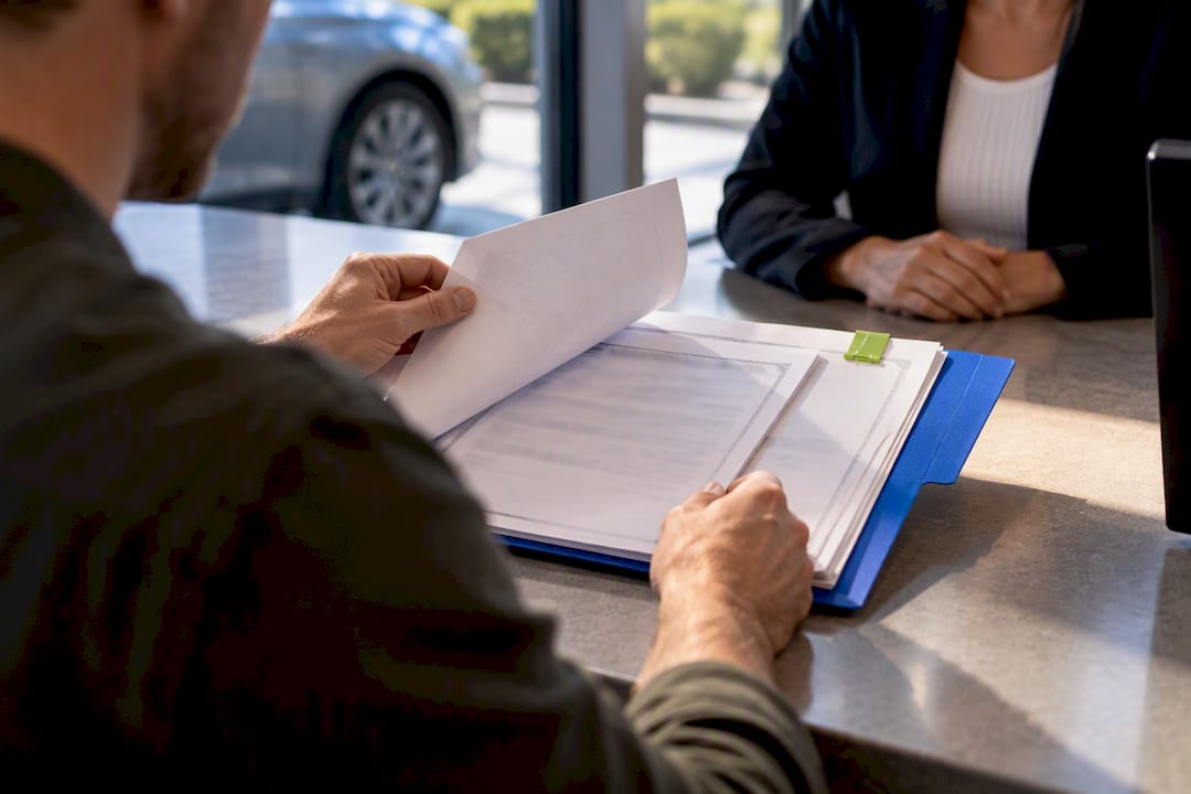 Hands reviewing vehicle lien paperwork