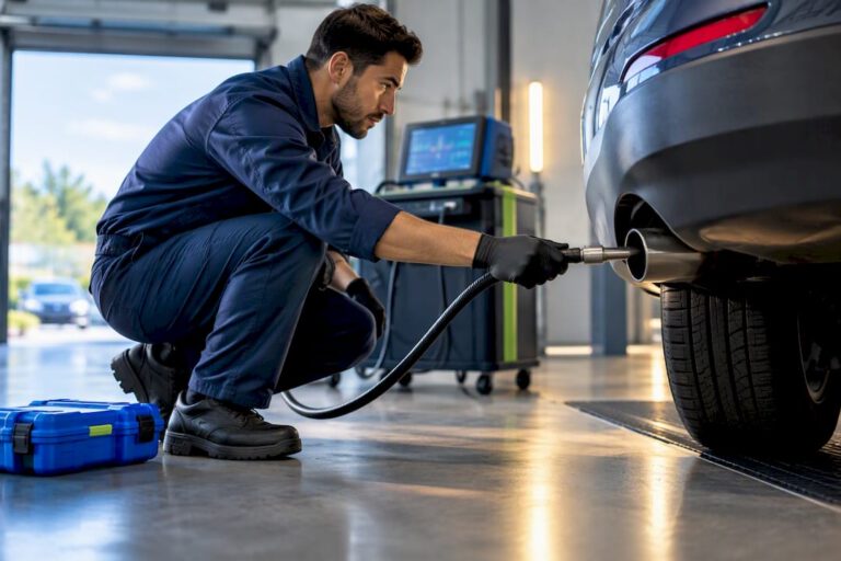 Technician testing vehicle emissions in inspection bay
