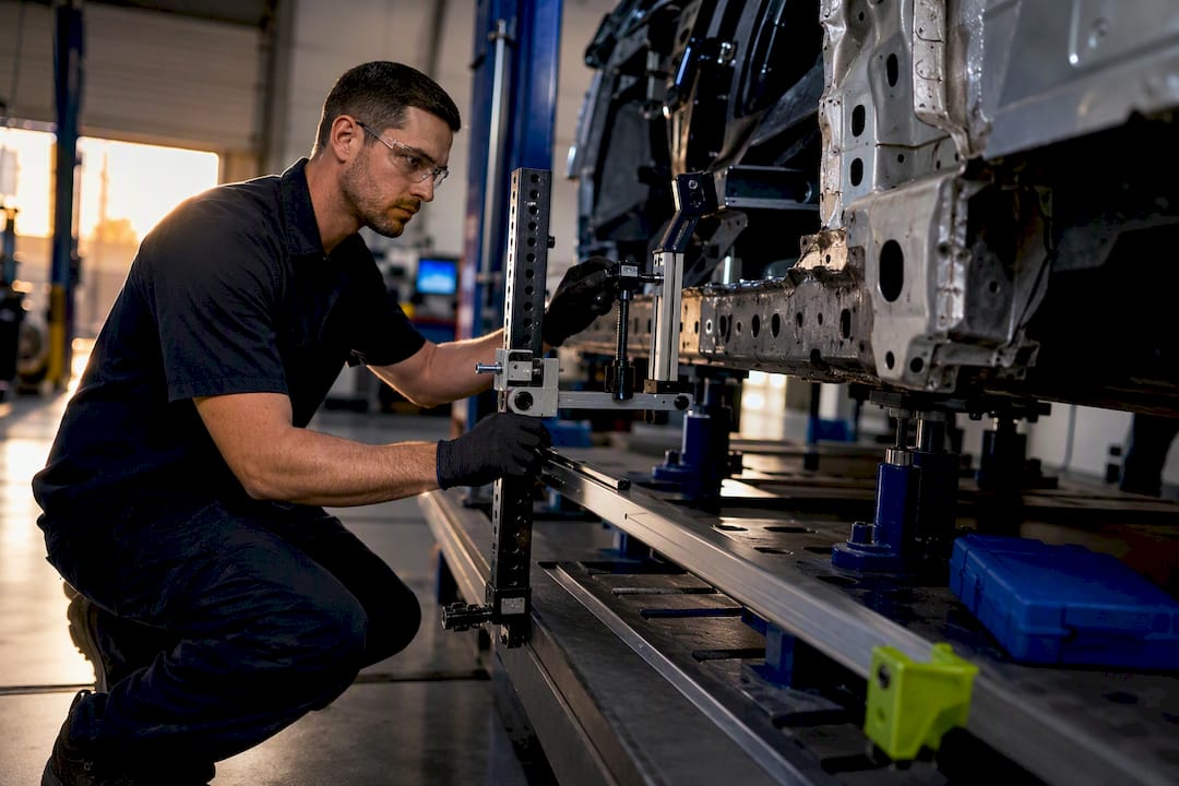Technician measuring damaged vehicle structure