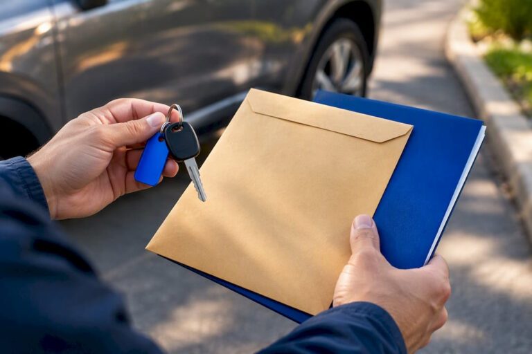 Vehicle key and title paperwork at pickup