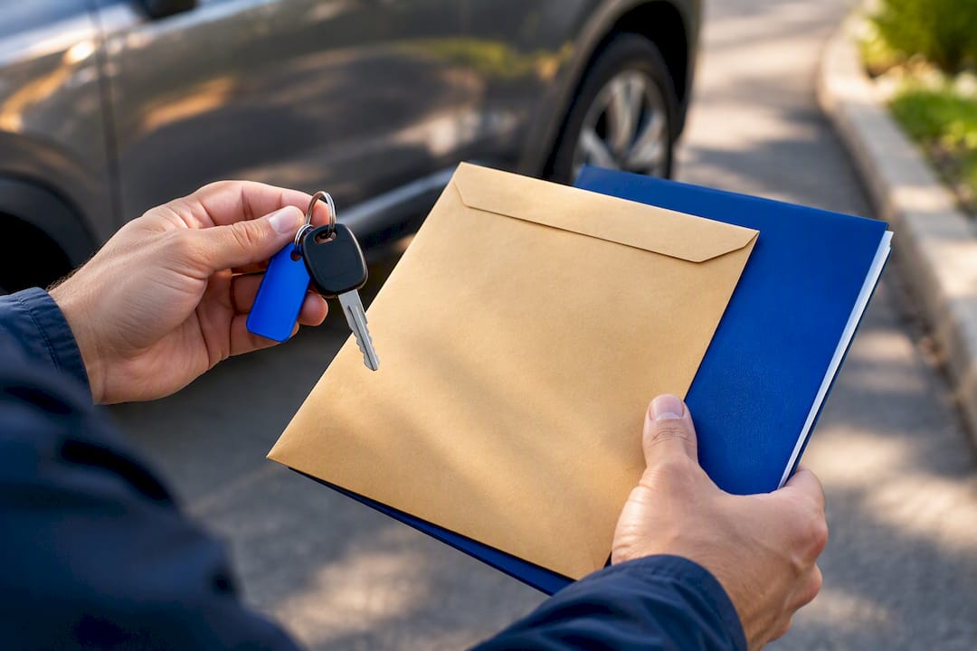 Vehicle key and title paperwork at pickup