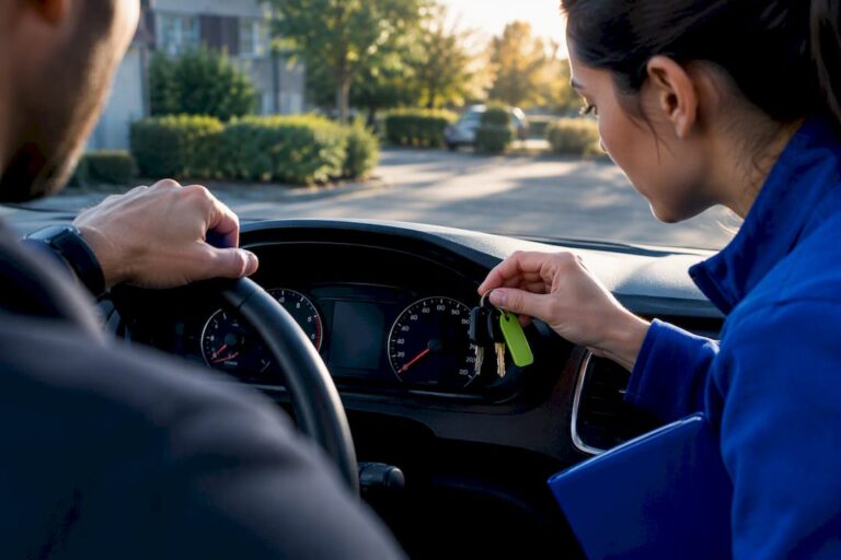 Seller and buyer verifying vehicle details