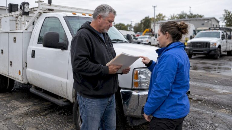 Owner checking work truck title beside vehicle