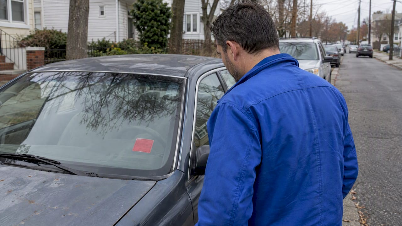 Owner examining failed inspection sticker on car