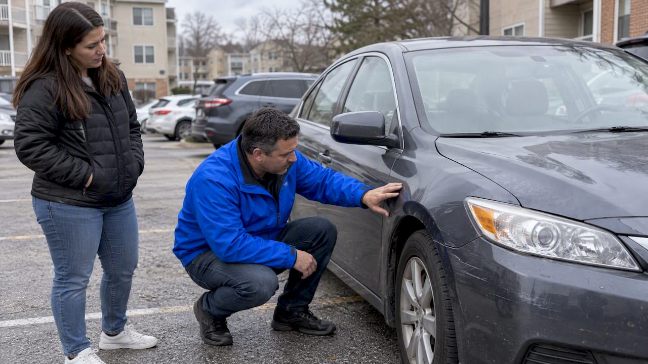 Appraiser inspecting a car before confirming an offer