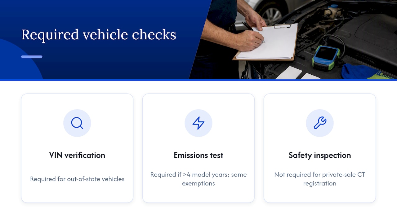 Three distinct checks for Connecticut vehicle registration
