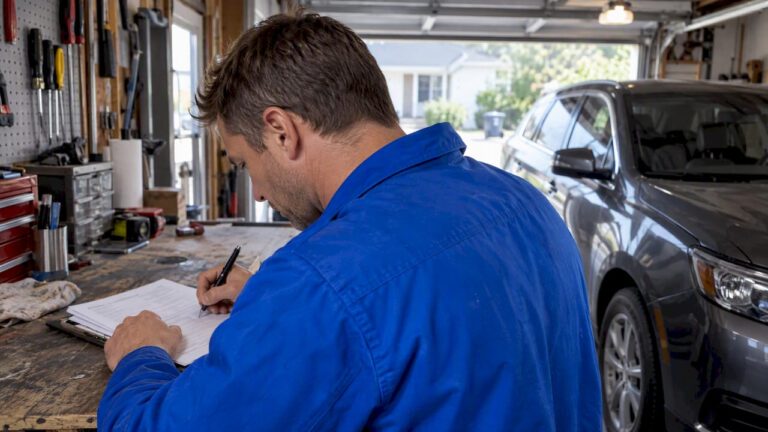 Seller signing vehicle paperwork in a garage