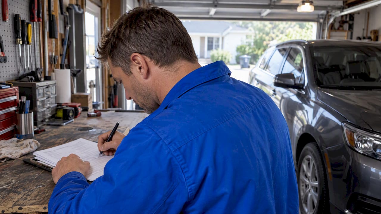 Seller signing vehicle paperwork in a garage
