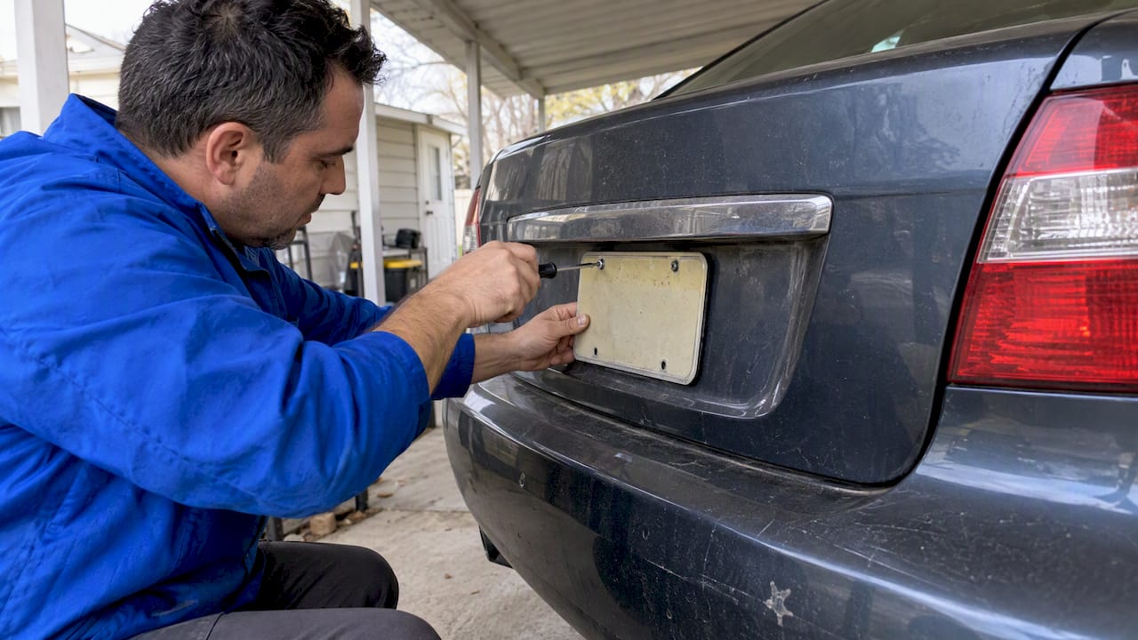 Owner removing a car's rear license plate