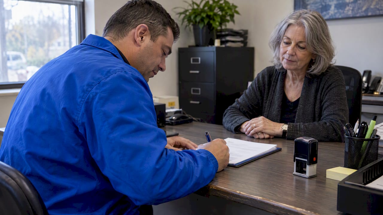 Seller signing vehicle paperwork before a notary