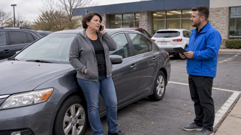 Owner confirming loan payoff beside a car