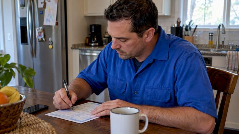 Seller completing a vehicle title at home