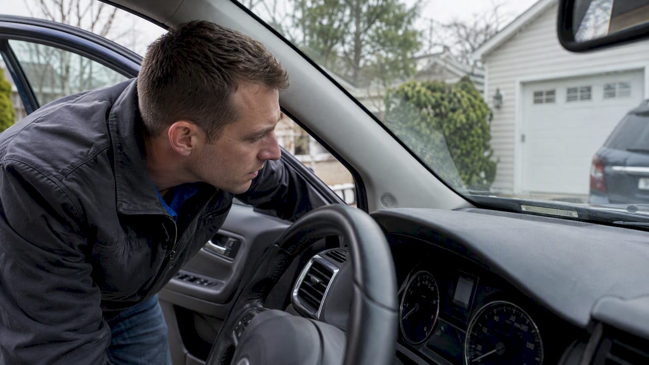 Seller checking car dashboard before signing
