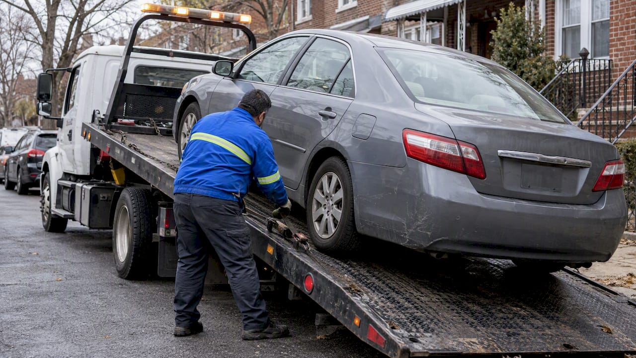 Tow operator loading a car at a New York curb