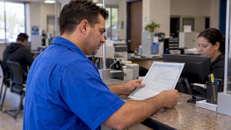 Car owner reviewing vehicle title paperwork