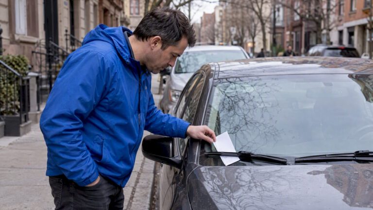 Owner checks a parking ticket on car