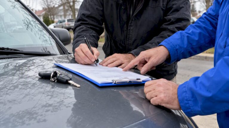 Hands completing car transfer paperwork at pickup